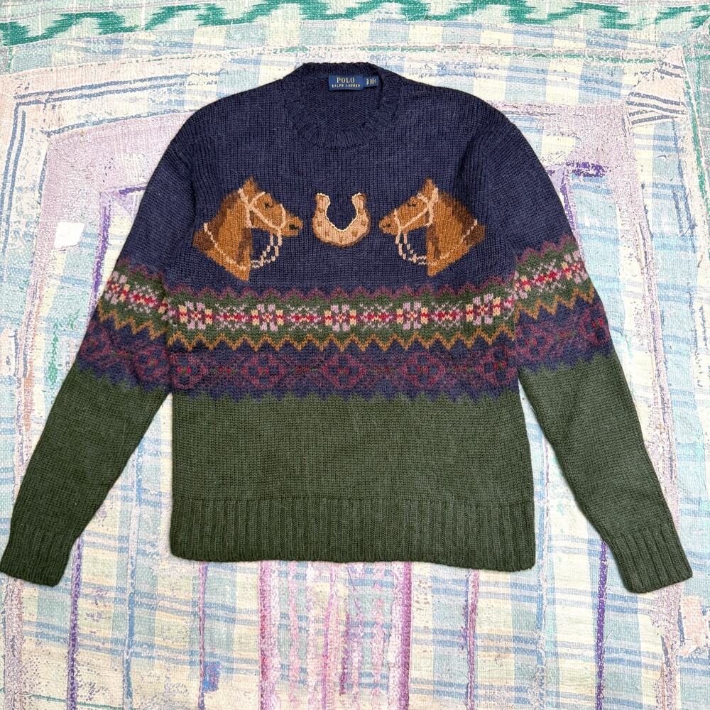 Polo Ralph Lauren Blue Green Equestrian Horseshoe Fair Isle Sweater Western S